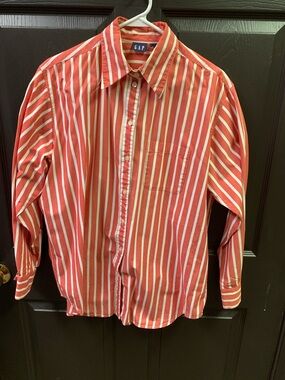 Vintage GAP Women’s Coral and White Striped Button-Down Shirt Medium